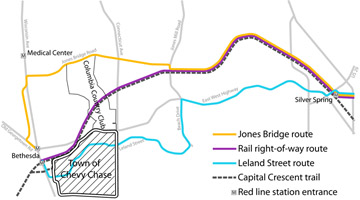 Map of three Purple Line alignments.